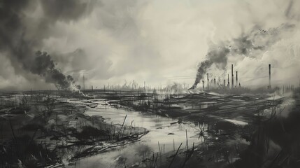 A black and white photo of an industrial wasteland