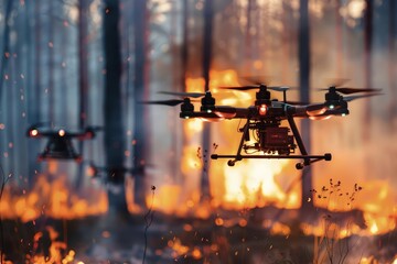 Firefighters implement a drone network that detects and extinguishes fires in highrisk forest areas, Sharpen close up hitech concept with blur background