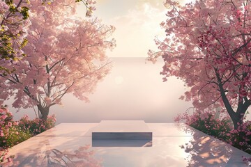 A beautiful 3D rendering of a podium in a pink and white flower garden