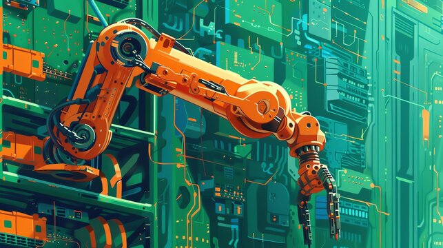 A robotic arm is working on a circuit board. The arm is orange and the circuit board is green. The background is a blur of orange and green lights.