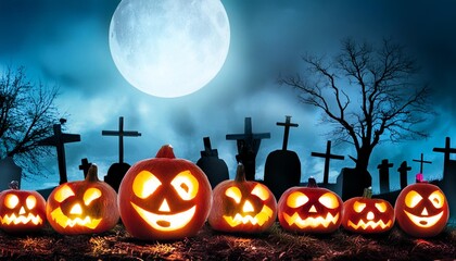 jack o lanterns in graveyard in the spooky night halloween backdrop