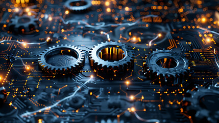 Metallic gears interlocked on a circuit board, illuminated by glowing lights and connections--what a captivating visual representation of technology and innovation