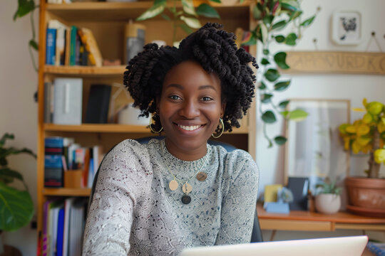 Black woman, portrait in home office and laptop for remote work, social media or blog research with smile in apartment. 
