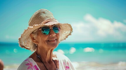 beautiful grandmother sitting on a paradisiacal beach with a view of the sea and a blue sky in summer in high resolution and high quality. vacation concept