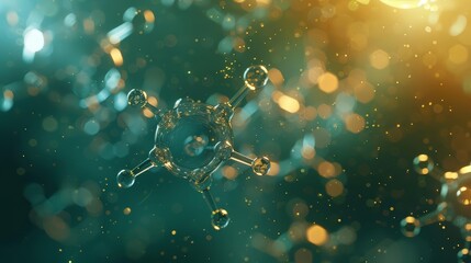 Create a 3D rendering of a rotating benzene ring with a glowing neon green outline against a dark blue background.