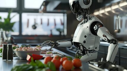 A robot chef is preparing a meal in a commercial kitchen