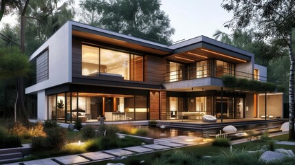 Design a modern house with a pool and a garden