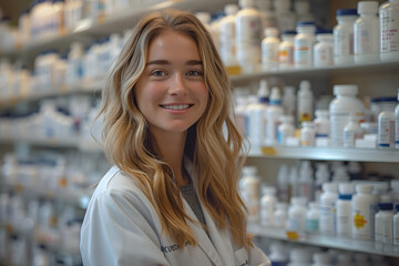 young  woman pharmacist smiling confidently standing at the pharmacy