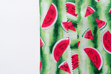 watermelon themed print fabric sheets with zig zag edge on blank paper