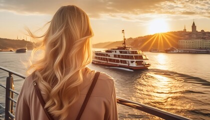 Fototapeta premium Tourist woman at sunrise on the Bosphorus