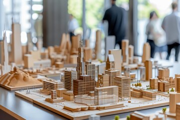 The stage podium of architectural models at the design symposium presents intricate mockups on a clean display podium