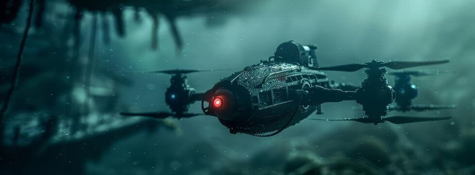 A remote-controlled mini-submarine drone explores the depths of the ocean.