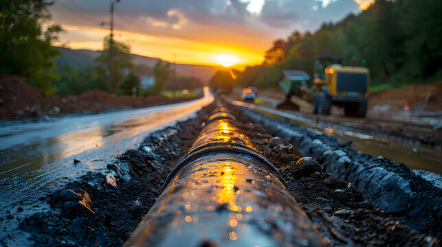 gas and oil pipeline construction. Pipes welded together. The big pipeline is under construction.