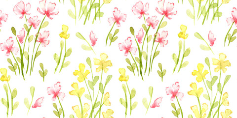 Flowers are small yellow and pink pattern watercolor illustration. An element of the floral print of a summer meadow with wildflowers. Isolated from the background. An element for textiles, wallpaper,