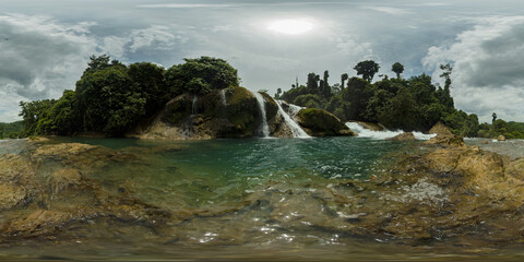 Rapid water flowing over the bedrocks in Aliwagwag Falls. Mindanao, Philippines. VR 360.