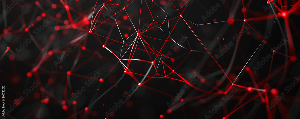 Wall mural sleek black backdrop with red digital threads weaving a complex web, illustrating advanced communica