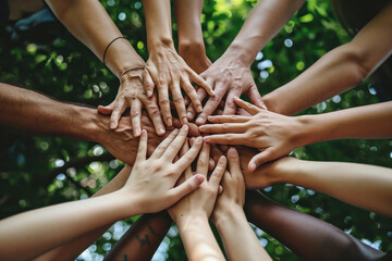Diverse group of people standing in circle with hands together in teamwork and unity celebration concept