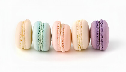 An array of five vibrant macarons, each a different flavor, neatly aligned against a minimalist white backdrop. A delightful display of culinary artistry
