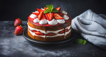 A tantalizing strawberry shortcake, layered with cream and fresh strawberries, ready to be savored. Set against a dark backdrop