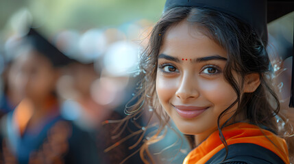 Beautiful Indian woman university graduate wearing academic regalia 