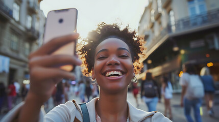 A vibrant and spontaneous selfie captured by a person, radiating joy and positivity as they snap a memorable moment to share with friends and followers