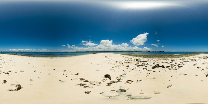 White sandy beach, blue sky and clouds. Naked Island. Surigao del Sur, Philippines. VR 360.