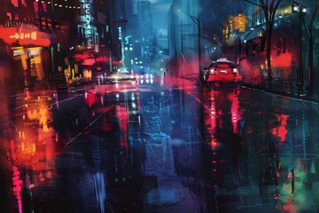 Vibrant cityscape at night with reflections on wet streets. Night city in rain, reflections on wet asphalt, noir atmosphere.