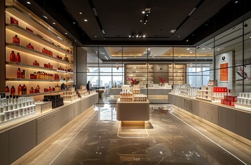 A new concept of an airport business class lounge retail store selling trendy fashion, perfume and alcohol bottles 