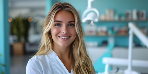 Portrait of a proud female dental hygienist student in college, smiling confidently as she represents her future occupation and the value of education