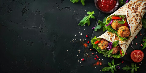Delicious burritos with meat and vegetables on black background, top view, flat lay, copy space