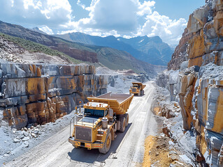 Excavator loading dumper truck on mining site
