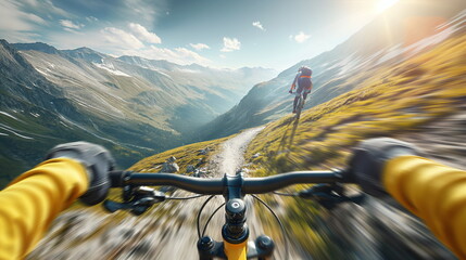 A mountain biker descends a narrow trail amidst sweeping mountain views, with the sun casting a warm glow over the scene - Generative AI - Powered by Adobe
