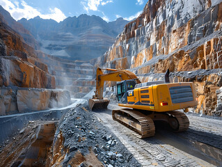 Excavator loading dumper truck on mining site
