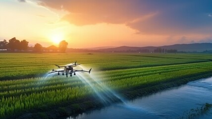 Agricultural drone fly spray paddy field photography picture