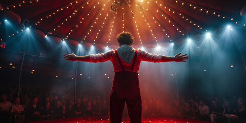 Dramatic rear view of a magician on stage with arms wide open, surrounded by spotlight beams and atmospheric smoke in a vintage theater.