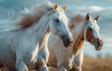 A photo of Arabian horses running together, a white and brown horse on the left side, in the style of photo realistic, with a blue sky background, 