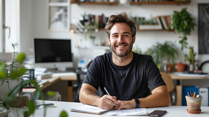 Fototapeta premium Smiling male architect working in a modern, plant-filled office space, showcasing creativity and professionalism in a casual environment.