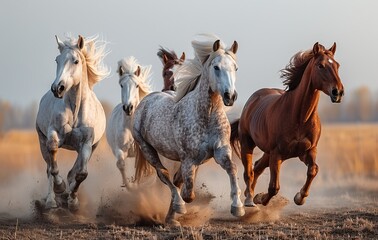 A photo of Arabian horses running together, a white and brown horse on the left side, in the style of photo realistic, with a blue sky background