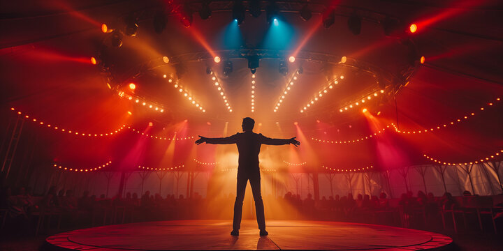 Сircus. Dramatic rear view of a magician on stage with arms wide open, surrounded by spotlight beams and atmospheric smoke in a vintage theater.