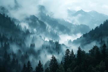 
Misty forest landscape with fog gently enveloping the dense evergreen trees and distant mountain peaks, creating an ethereal and mysterious atmosphere