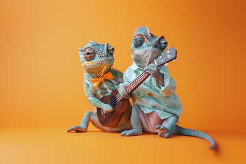 Two chameleons with guitars, minimal concept