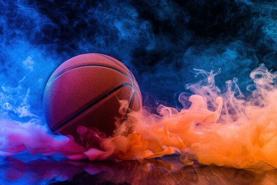 Vibrant Basketball ball neon fog. Sport game. Generate Ai