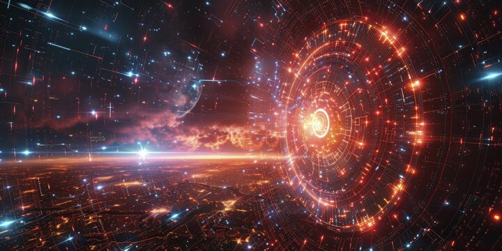 Explore a futuristic depiction of quantum computing's supercomputing prowess through vivid vector graphics in a sci-fi setting.