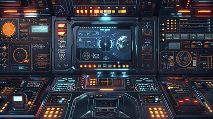 Obraz premium Explore a futuristic spacecraft interface featuring cutting-edge navigation systems and astro tech interfaces in stunning 3D vector style.