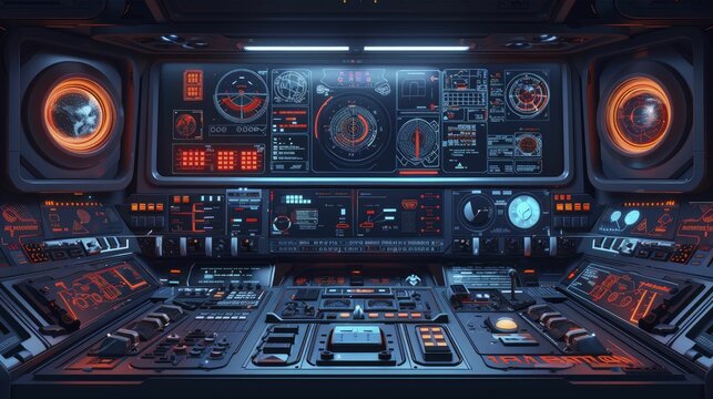Explore a futuristic spacecraft interface showcasing cutting-edge navigation systems and celestial technology in captivating 3D vectors.