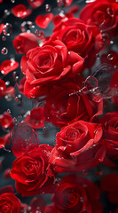 Red Rose Flowers, Still life flowers, blooming Various red rose flowers combined with water, with red and transparent background, animation aesthetics, fun complexity, berry punk, gorgeous colors, 32k