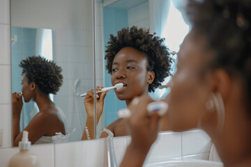 Black woman, calmly, brushes her teeth at home, ready for the day