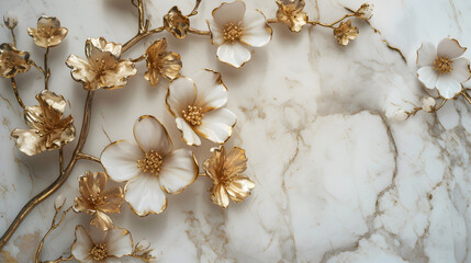 Intricate gold leaf flowers inlaid on pure white marble in white, giving elegance, on a marble background,