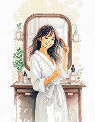 A watercolor illustration of a woman in a robe brushing hair, facing a mirror, with bottles in the background