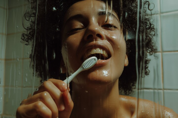 Afro-American woman enjoys a quiet moment as she carefully brushes her teeth at her home in the morning.